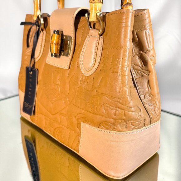 Sharif Legacy Hieroglyphic Egyptian Leather Satchel with Bamboo Handles - New - Picture 4 of 16